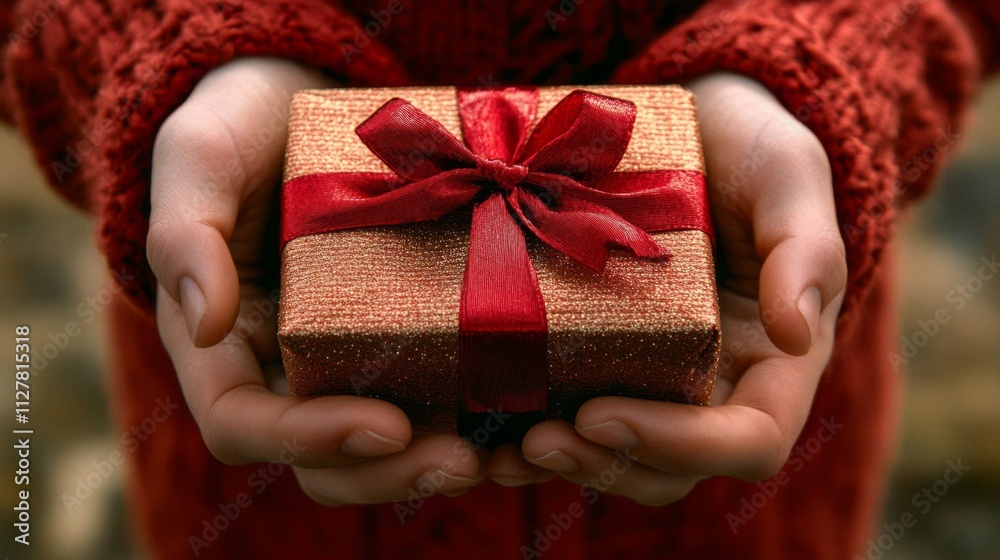 Hands Offering a Glittering Gold Gift Box with Red Ribbon Hands Offering a Glittering Gold Gift Box with Red Ribbon