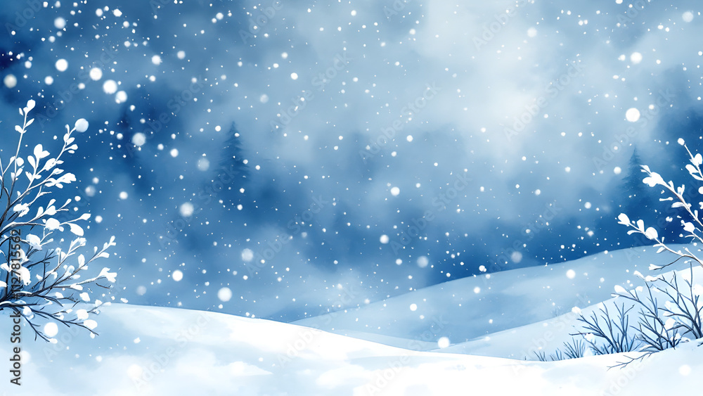 Winter snowy landscape watercolor with Xmas tree and house, background for Christmas, new year and winter season festival poster illustration. Winter snowy landscape watercolor with Xmas tree and house, background for Christmas, new year and winter season festival poster illustration.