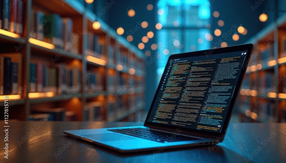 Futuristic digital library scene shows laptop with AI-powered info search. Glowing binary code flows across bookshelves. Tech library offers innovative data visualization. Trendy image. Library books Futuristic digital library scene shows laptop with AI-powered info search. Glowing binary code flows across bookshelves. Tech library offers innovative data visualization. Trendy image. Library books