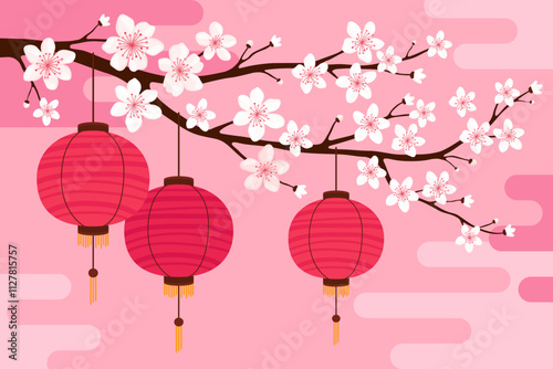 Red round silk or paper Asian lanterns hang on a branch with white sakura flowers, pink background. Chinese lanterns. Lunar New Year, Chinese New Year, Tet. Spring cherry or apple flowers.