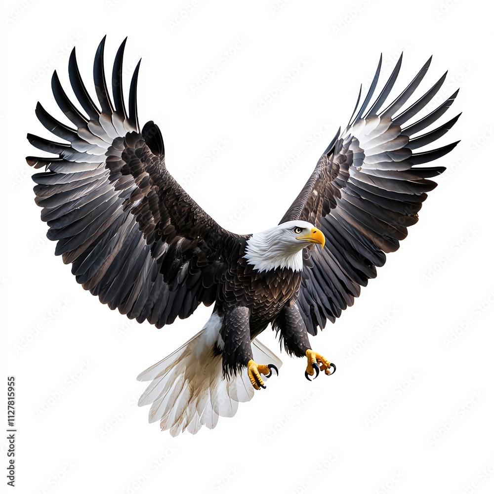 Fototapeta premium A majestic bald eagle soars with its wings fully spread, showcasing its striking black and white plumage against a clean background.