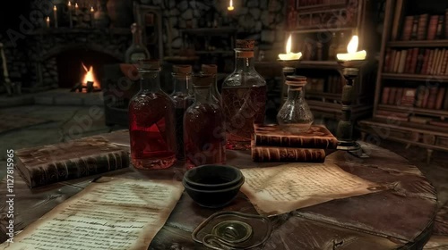 A cauldron simmers with a colorful potion, creating an enchanting atmosphere among glowing candles