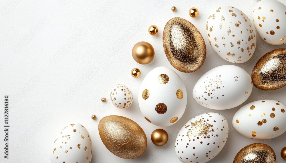 Elegant Easter Eggs with Gold Decoration on White Background for Spring Celebration Elegant Easter Eggs with Gold Decoration on White Background for Spring Celebration