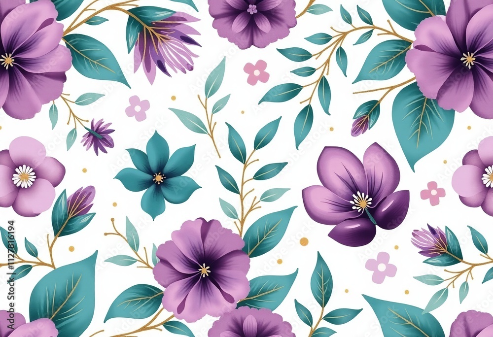 Fototapeta premium Elegant Watercolor Floral Seamless Pattern in Purple and Teal with Subtle Golden Outline Details
