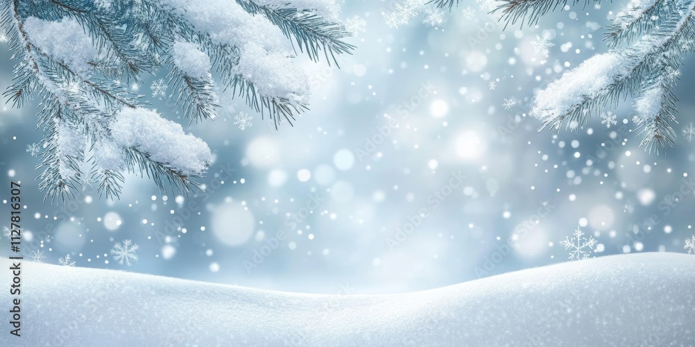 Winter Background Image of Snowy Pine Branches Bokeh Lights Frosted Landscape Calm Scene Winter Background Image of Snowy Pine Branches Bokeh Lights Frosted Landscape Calm Scene