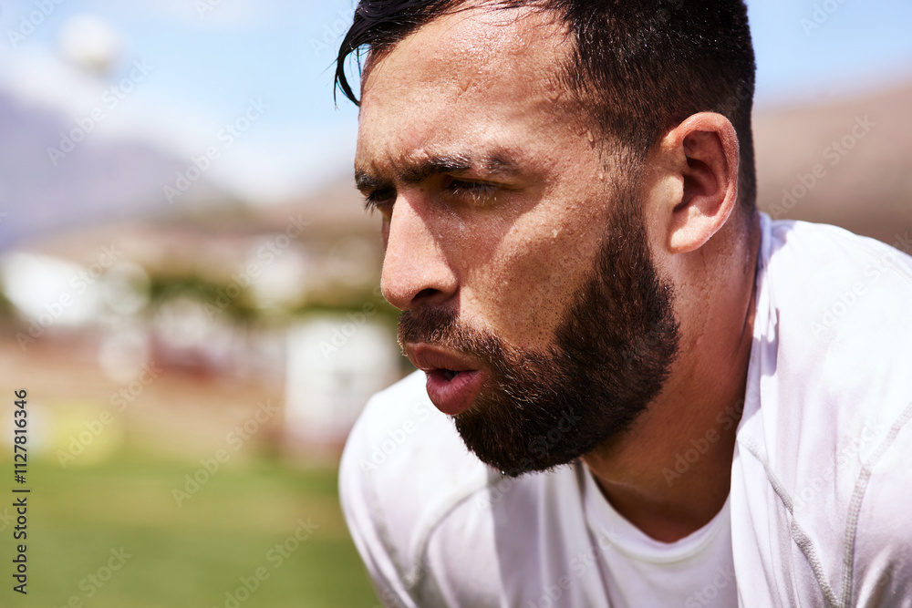 Fototapeta premium Man, rugby and sweat on match at field tired for sports game, tournament and competition in New Zealand. Male person, stadium and exhausted as player or athlete on half time, workout and training