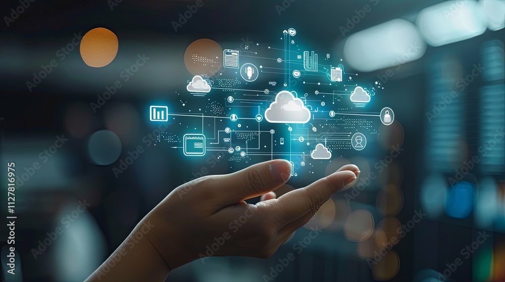 Hand Presenting a Network of Cloud Computing and Data Management Icons Hand Presenting a Network of Cloud Computing and Data Management Icons