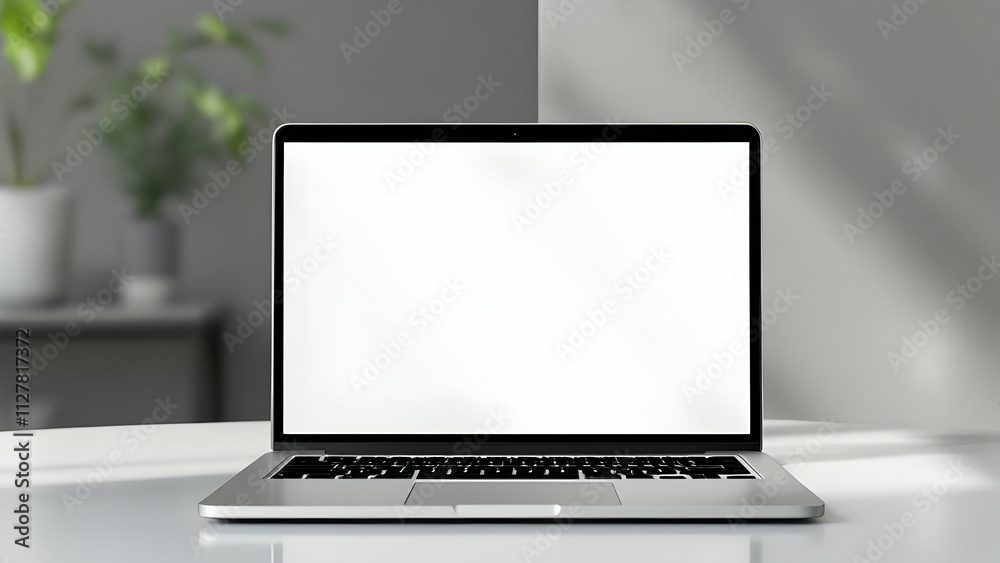 A silver laptop with a blank white screen sits on a minimalist white desk. A blurred background shows plants in pots. Clean, modern aesthetic. A silver laptop with a blank white screen sits on a minimalist white desk. A blurred background shows plants in pots. Clean, modern aesthetic.