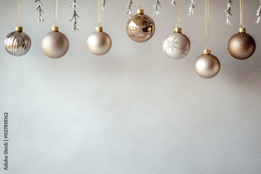 Decoração de natal com bolas suspensas em tons dourados, vermelhos e prateados, sobre fundo neutro, criada com IA generativa. Decoração de natal com bolas suspensas em tons dourados, vermelhos e prateados, sobre fundo neutro, criada com IA generativa.