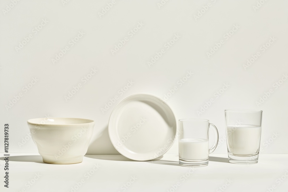 Minimalist Still Life White Dishes and Milk Minimalist Still Life White Dishes and Milk