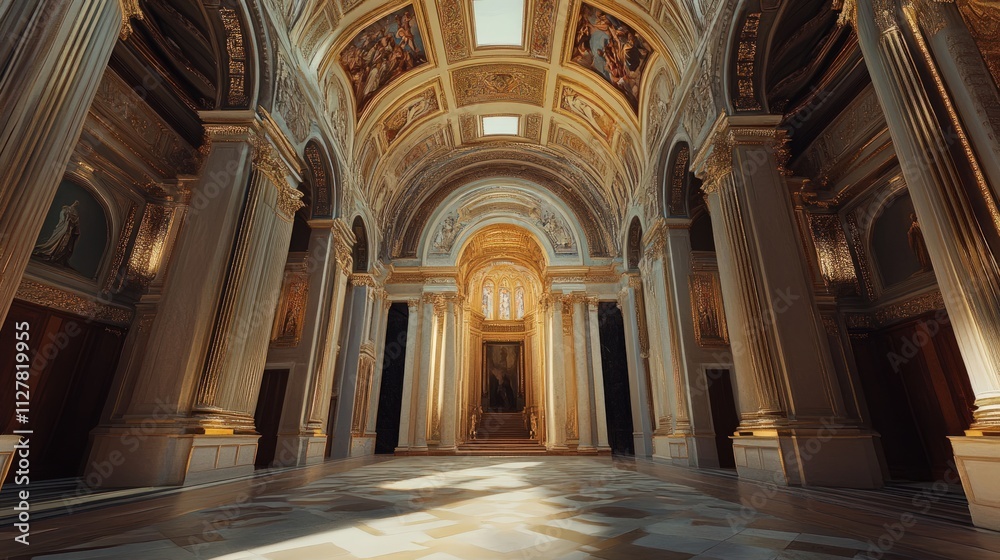 Fototapeta premium Ornate golden hall, sunlight streams through.