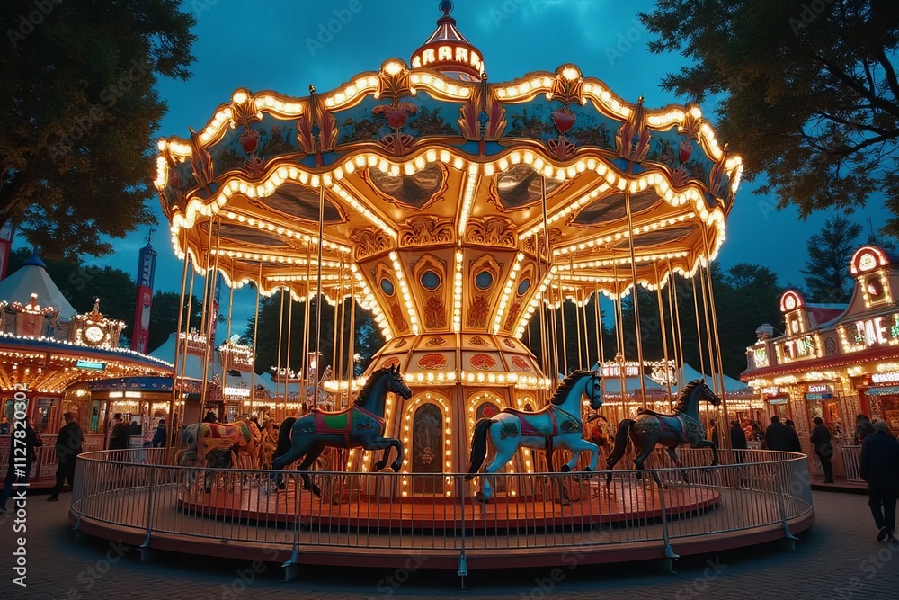 Illuminated Carousel at Night Enchanting Fairytale Setting Illuminated Carousel at Night Enchanting Fairytale Setting