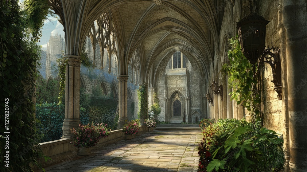 Sunlit stone cloister, overgrown with lush greenery. Sunlit stone cloister, overgrown with lush greenery.