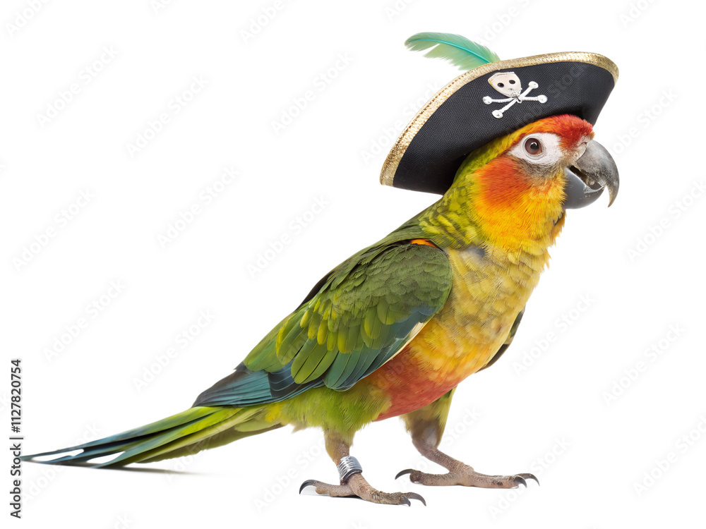 Fototapeta premium parrot wearing a pirate hat cut out isolated on white background