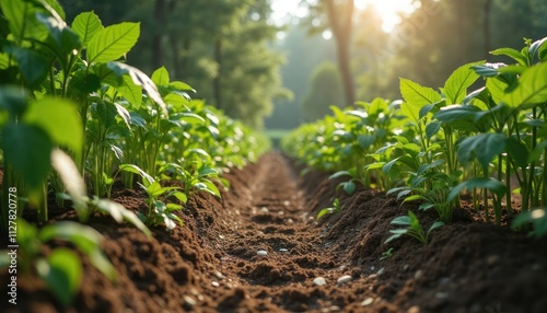 Young plants grow in rows in farm field. Sunny eco friendly atmosphere. Community works together on reforestation project. Hopeful image of eco effort to combat climate change. Effort for sustainable photo