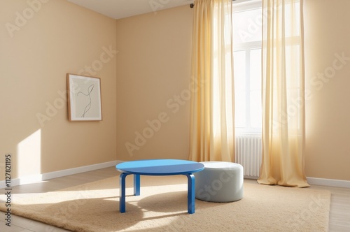 Modern Minimalist Living Room Interior with Blue Table and Soft Draperies