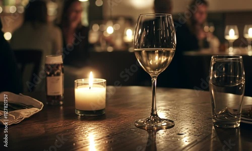 A candlelit table setting with a glass of white wine.