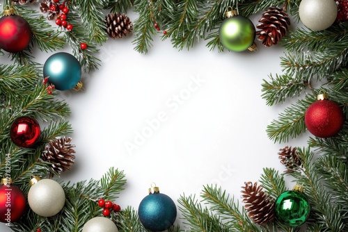 Moldura de natal com galhos de pinheiro, bolas coloridas e pinhas, sobre fundo branco, criada com IA generativa.