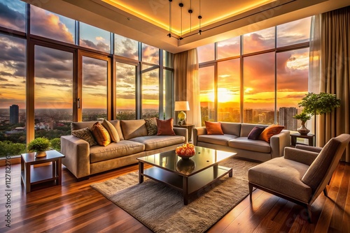 Modern Living Room with Breathtaking Sunset View Featuring Stylish Furniture, Warm Lighting, and Inviting Decor for a Cozy Atmosphere Ideal for Relaxation or Entertaining Guests