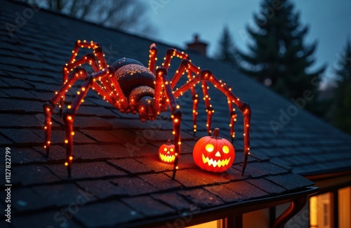 Giant spider Halloween decor sits on rooftop. Decorated with orange lights. Two small pumpkins on roof with house in background. Spooky decor for Halloween season. photo