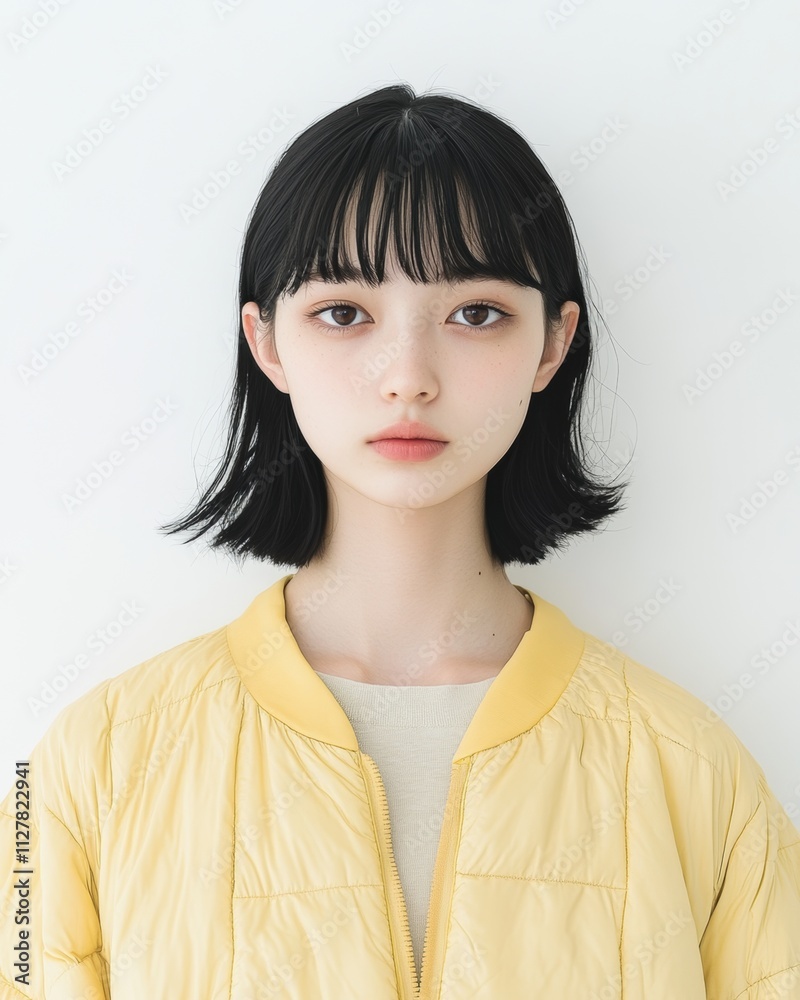 Young Woman with Black Bob Haircut and Bangs Wearing Yellow Puffer Jacket