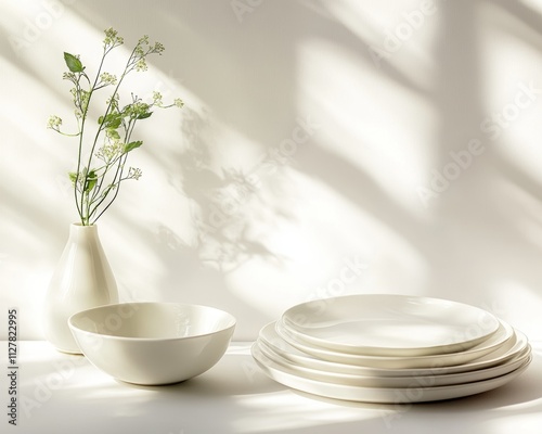 Minimalist Table Setting with White Dishes and Flowers photo