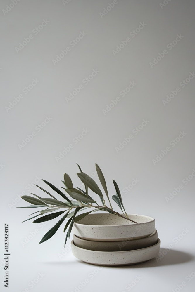 Stacked Speckled Ceramic Bowls with Olive Branch Stacked Speckled Ceramic Bowls with Olive Branch