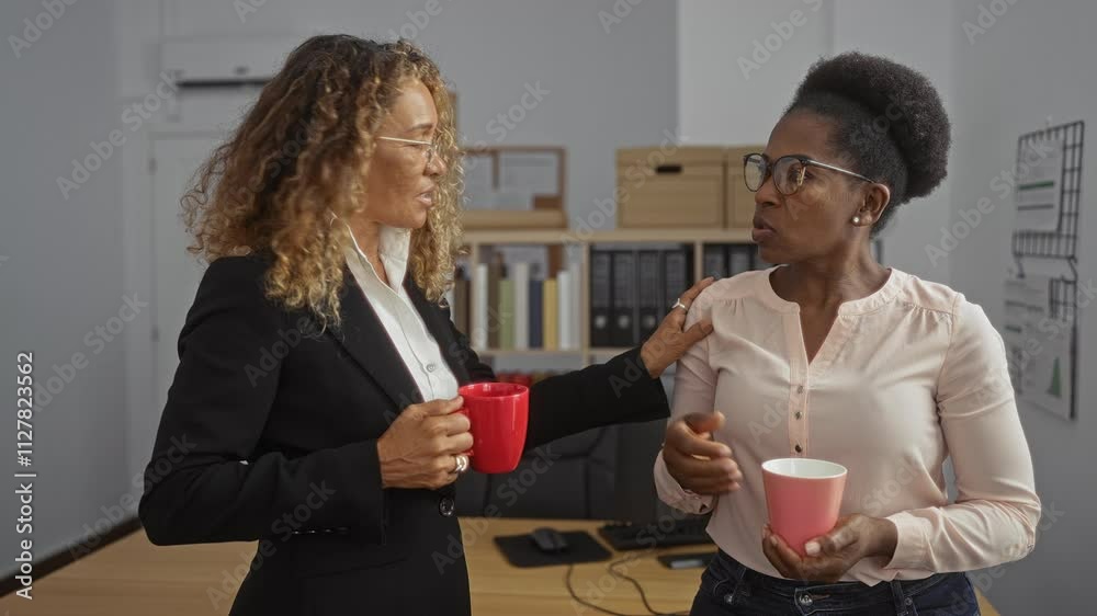 Two businesswomen having a discussion while holding coffee mugs in a professional office environment. Two businesswomen having a discussion while holding coffee mugs in a professional office environment.