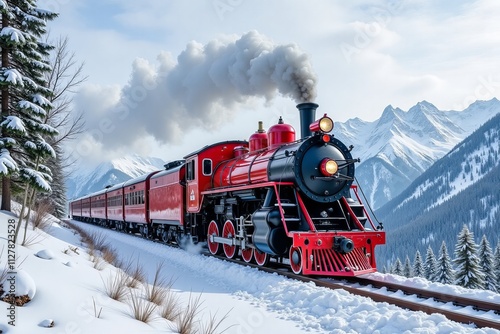 Red Steam Train Journeys Through Snowy Mountain Landscape