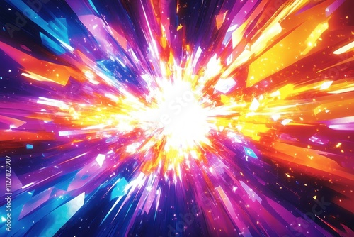 Colorful Explosive Radiating Background with Dynamic Geometric Shapes and Bright Light