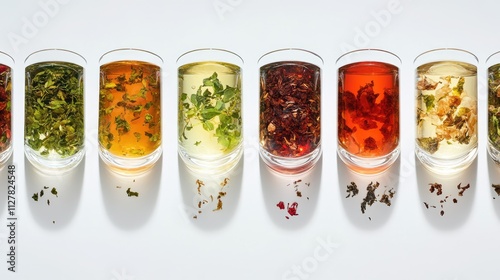 Colorful Glasses of Herbal Teas with Various Herbal Ingredients