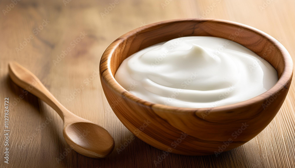 organic white yogurt in olive wood bowl on table organic white yogurt in olive wood bowl on table
