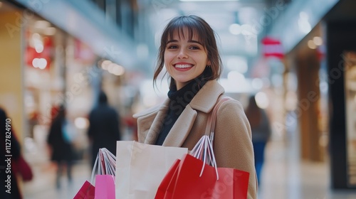 Happy shopper shopping in store in holiday shopping season photo