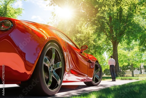 A serene outdoor scene showing a modern automobile parked under the bright sun, with a single person inspecting its features. The bright red color of the car contrasts sh photo