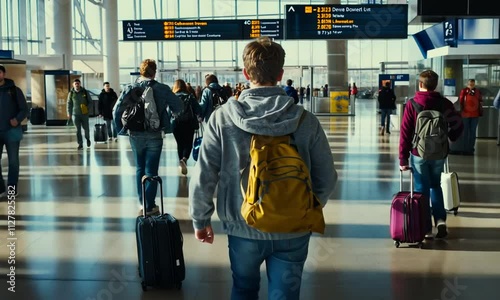 Travelers moving through a busy airport terminal with luggage.