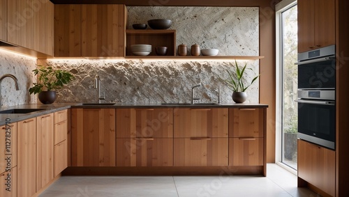 a modern minimalist kitchen in warm earth tones, featuring bamboo cabinetry and textured stone backsplash