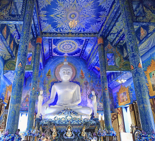 A beautiful view of interior of the Blue Temple, Wat Rong Suea Ten