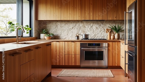 a modern minimalist kitchen in warm earth tones, featuring bamboo cabinetry and textured stone backsplash