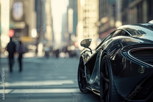Wallpaper Mural A stylish modern automobile parked in a vibrant cityscape, showcasing its sleek design and color. The atmosphere is lively with people walking, suggesting active transpor Torontodigital.ca