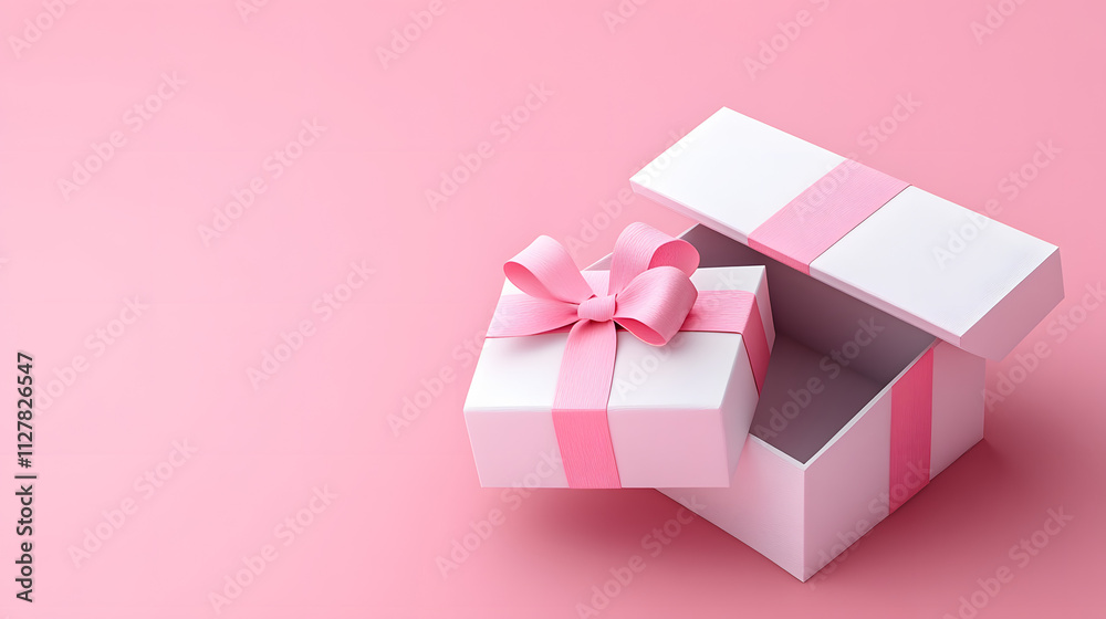 Blank open pink gift box or white present box with pink ribbon bow isolated on pink pastel color background with empty space minimal concepts 3D rendering Blank open pink gift box or white present box with pink ribbon bow isolated on pink pastel color background with empty space minimal concepts 3D rendering