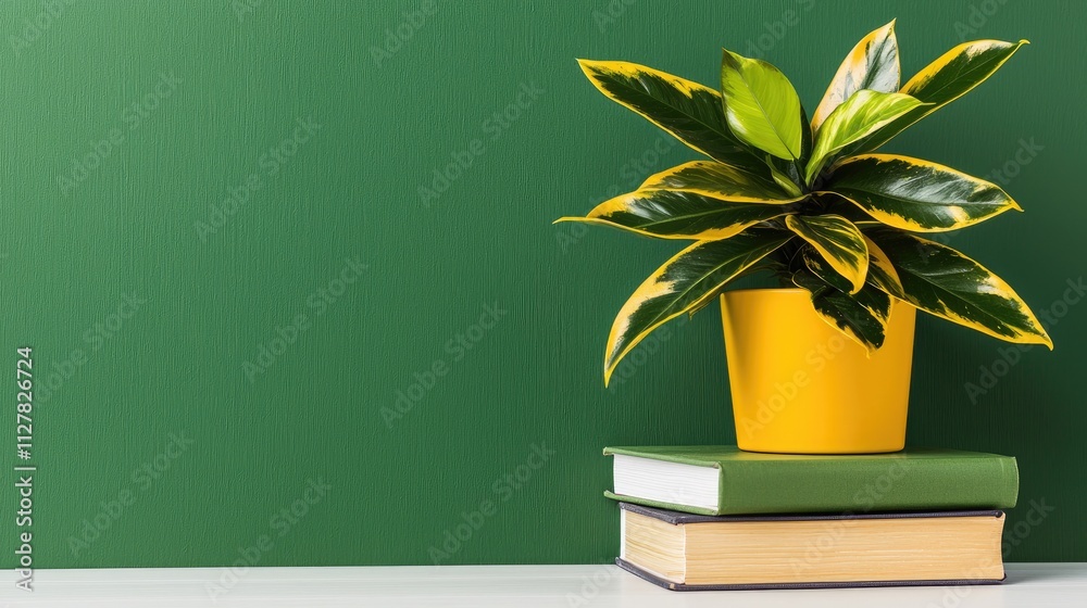 A vibrant potted plant sits atop stacked books against a green wall, bringing life to a minimalistic workspace. A vibrant potted plant sits atop stacked books against a green wall, bringing life to a minimalistic workspace.