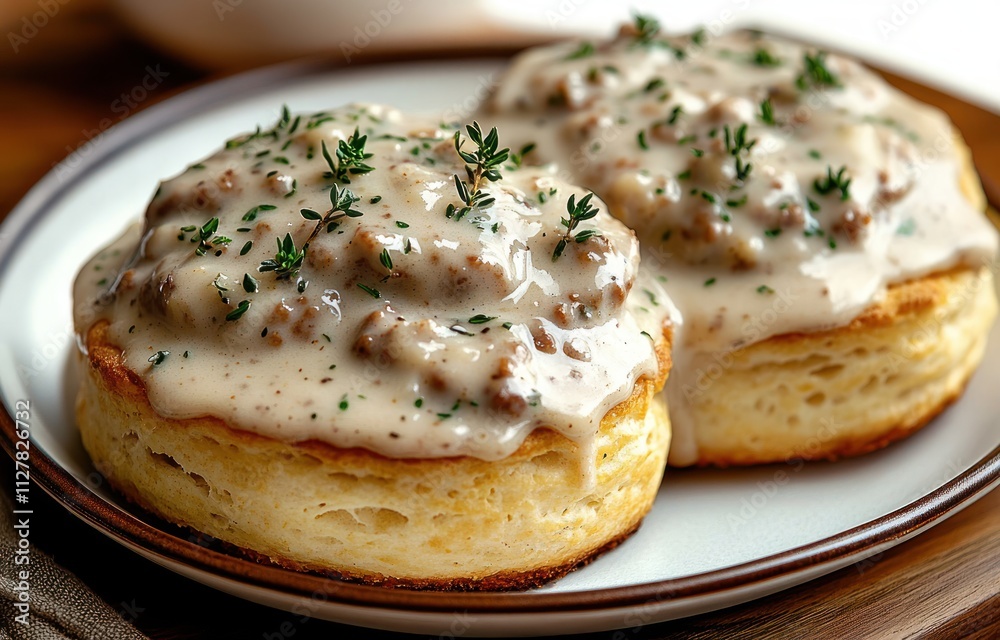 Flaky Biscuits with Creamy Sausage Gravy in Rustic Kitchen