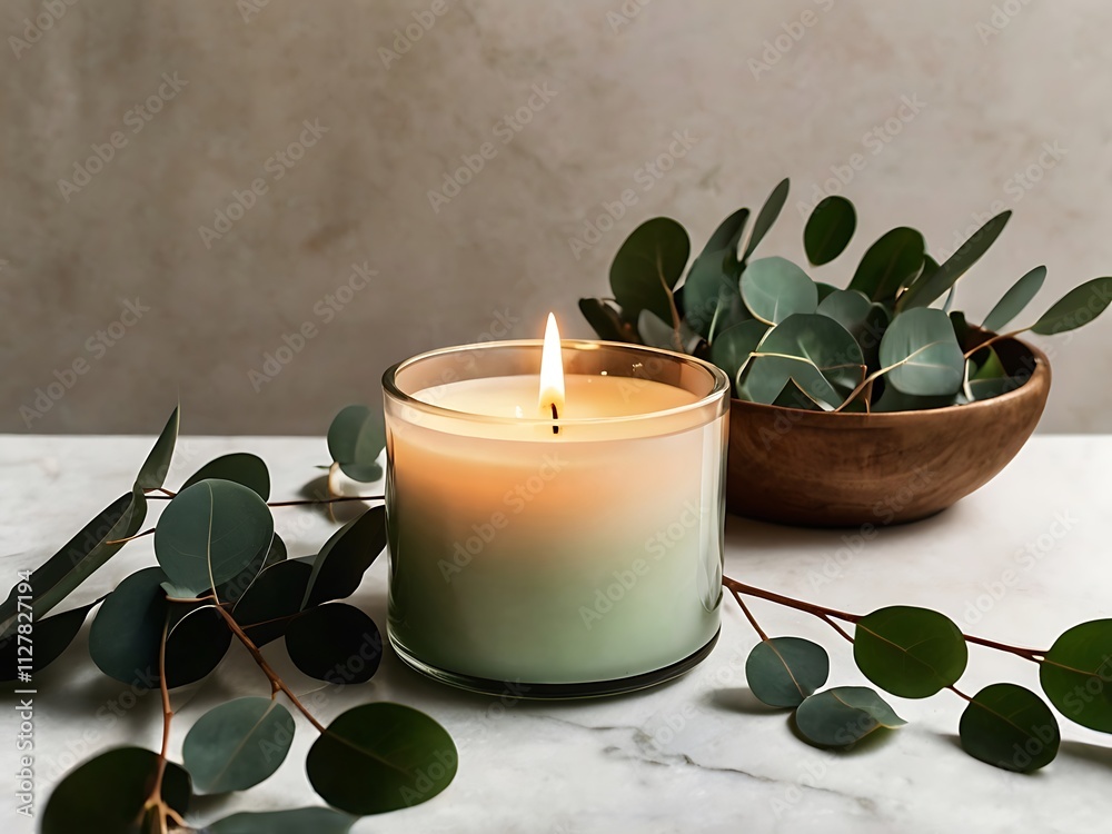 A lit candle surrounded by eucalyptus leaves A lit candle surrounded by eucalyptus leaves