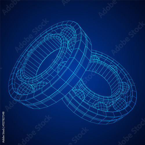 Roller bearing. Circular round rotating bearings used in industry for heavy equipment mechanical work and engineering. Wireframe low poly mesh vector illustration.