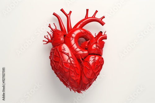 A highly detailed 3D model of a human heart showcasing intricate anatomy and structure. Vibrant red against a white background, highlighting medical and educational applications.