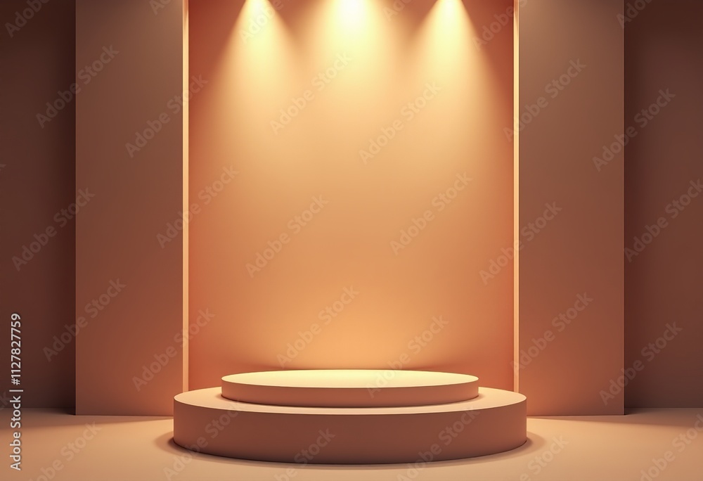 Realistic Symmetrical Podium for Product Display in Earthy Tones, Enhanced by Beautiful Lighting and a Softly Blurred Background for Maximum Impact Realistic Symmetrical Podium for Product Display in Earthy Tones, Enhanced by Beautiful Lighting and a Softly Blurred Background for Maximum Impact
