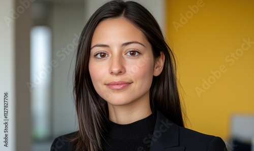 Confident professional woman in an office setting, showcasing elegance and focus in her appearance.
