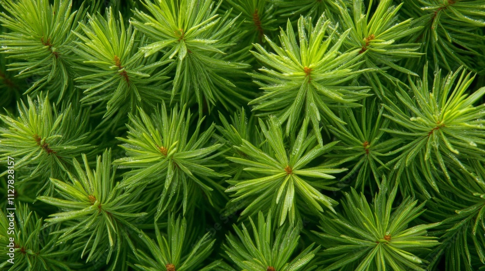 Lush Green Conifer Needles Dew Covered Close Up Lush Green Conifer Needles Dew Covered Close Up