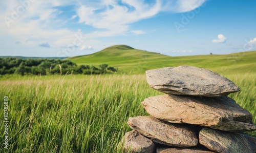 Serene landscape featuring stacked stones with a backdrop of rolling green hills and a blue sky.