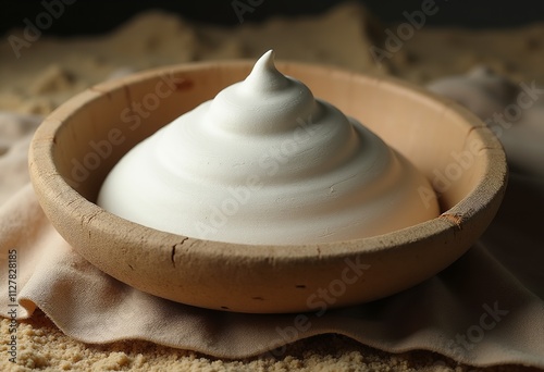 Vintage Style Wooden Deep Plate Crafted from Natural Clay, Showcasing Signs of Use and Mystery in a Warm Sandy Setting photo